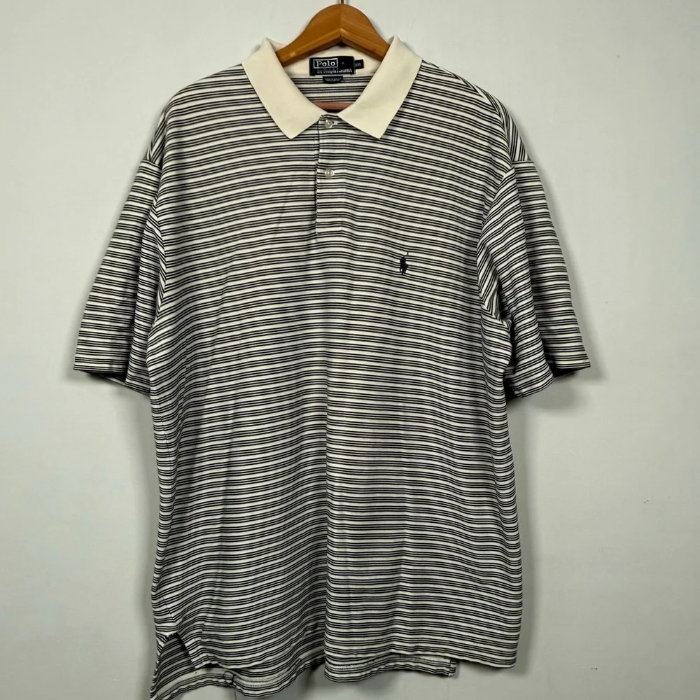 Ralph Lauren Men's Navy and Creme Striped Polo Shirt, 100% Cotton, Size XXL
